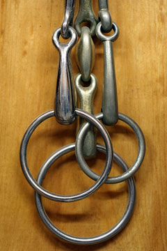 brass harness rings hanging in a tack room